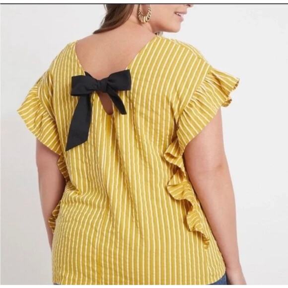 ELOQUII-Plus Size Mustard Yellow Striped Bow Back Ruffle Blouse - Picture 1 of 7